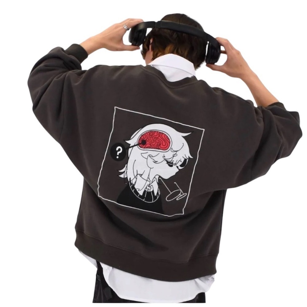 OFF SCRIPT Embroidered Sweater Mens M Grey Aira Brain Cat Sweatshirt